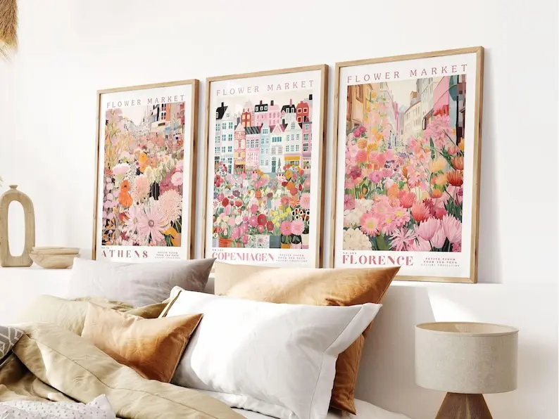 3pcs/set Pink Flower Market Canvas Posters Vibrant Plant Wall Art Posters for Modern Living Room Kitchen Bedroom Home Decor