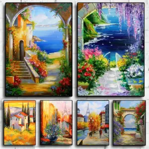 Mediterranean Country House Italy Courtyard Paris Landscape Poster Canvas Painting Wall Art Pictures Home Interior Decor
