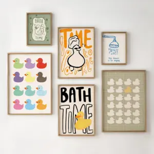 Bath Time Rubber Duck Printable Bathroom Wall Art Set Of 6 Funny Kids Bathroom Decor Retro Colorful Ducks Shower Singing Quote