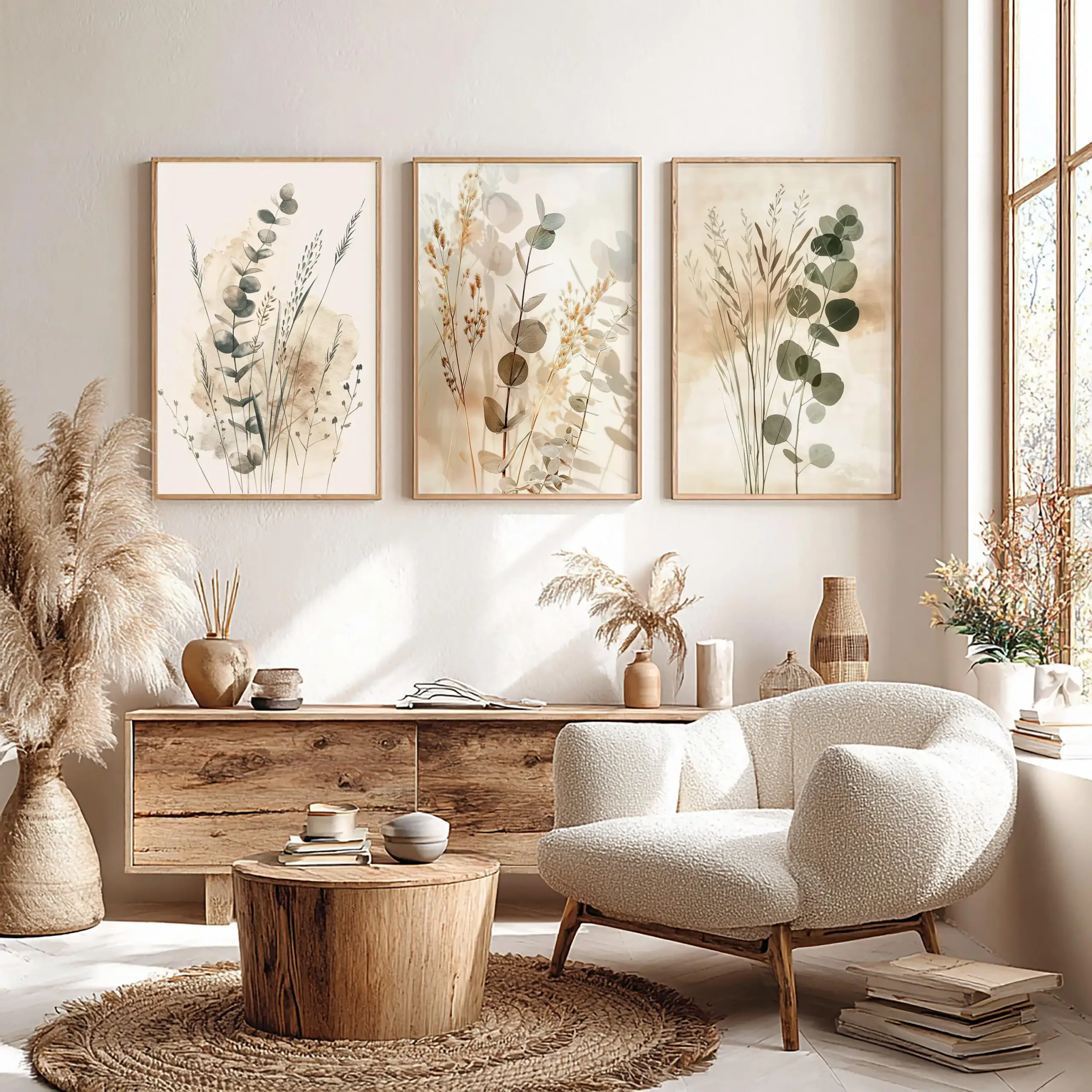 3pc Botanical Wall Artwork Neutral Minimalist Prints Scandinavian Bedroom Decor Eucalyptus Triptych Boho Living Room Wall Art - Image 2