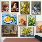Apple Lemon Tree Still Life Canvas Painting Poster Vintage Fruit Print, Neutral Botanical Antique Kitchen Wall Art  Home Decor