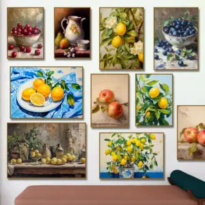 Apple Lemon Tree Still Life Canvas Painting Poster Vintage Fruit Print, Neutral Botanical Antique Kitchen Wall Art  Home Decor