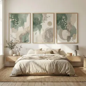 3PC Japandi Botanical Wall Art Poster Abstract Watercolor Leaves Sage Spring Green Beige Prints Modern Zen Decor Home Decor