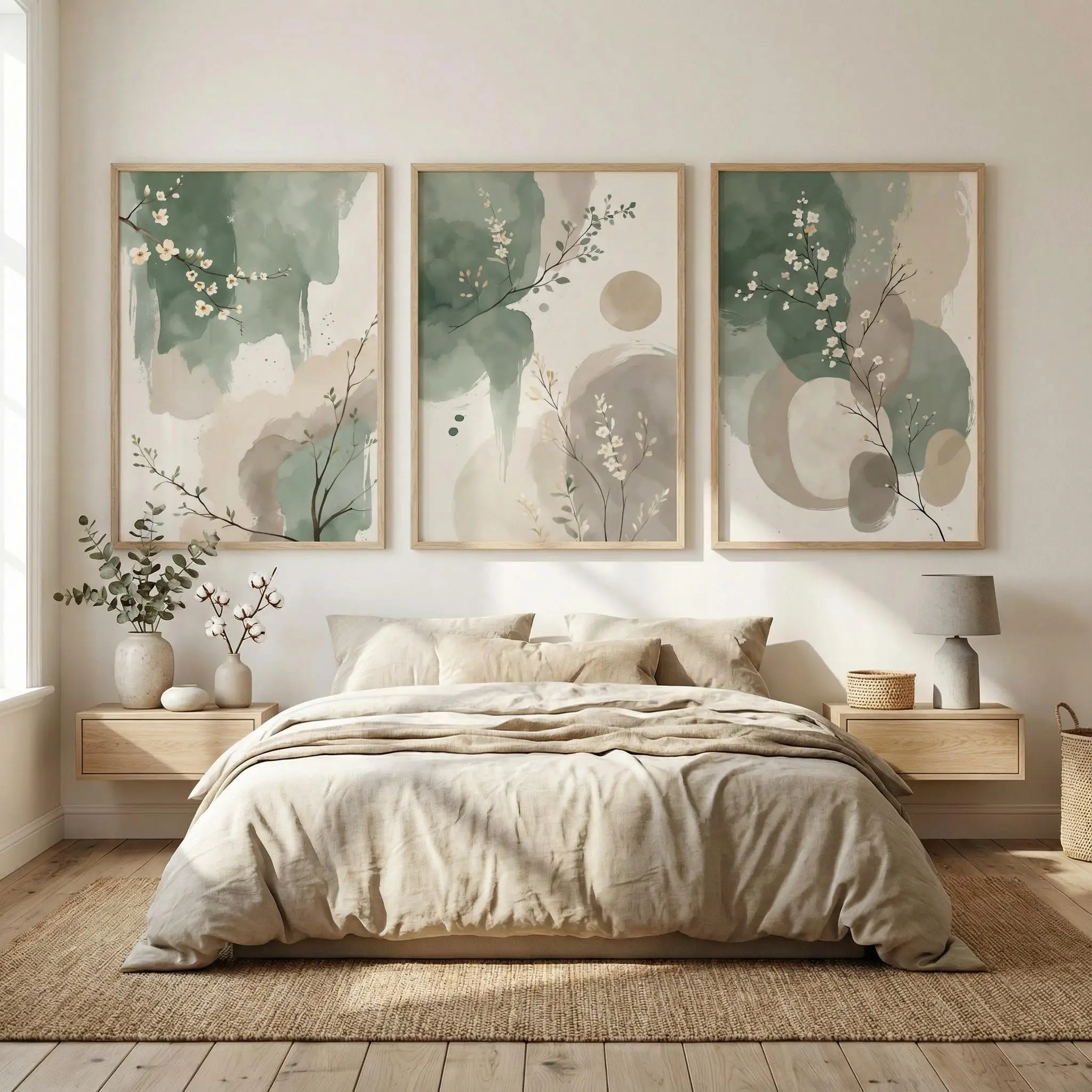 3PC Japandi Botanical Wall Art Poster Abstract Watercolor Leaves Sage Spring Green Beige Prints Modern Zen Decor Home Decor