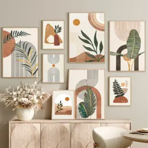 Plant Leaves Sun Line Geometry Boho Abstract Gallery Nordic Wall Art  Posters And Prints Painting Pictures For Living Room Decor