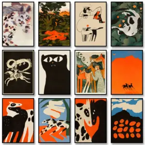 Vintage Abstract Animal Art Poster Cat and Horse Print Canvas Painting Retro Wall Art Picture for Living Room Home Decoration