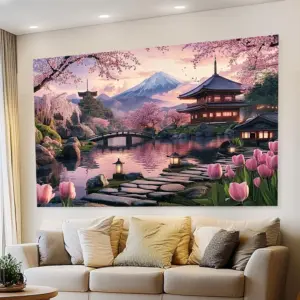 Cherry Blossom Temple Tapestry - Perfect for Home Décor, Adding a Touch of Nature and Tranquility to Your Living Space