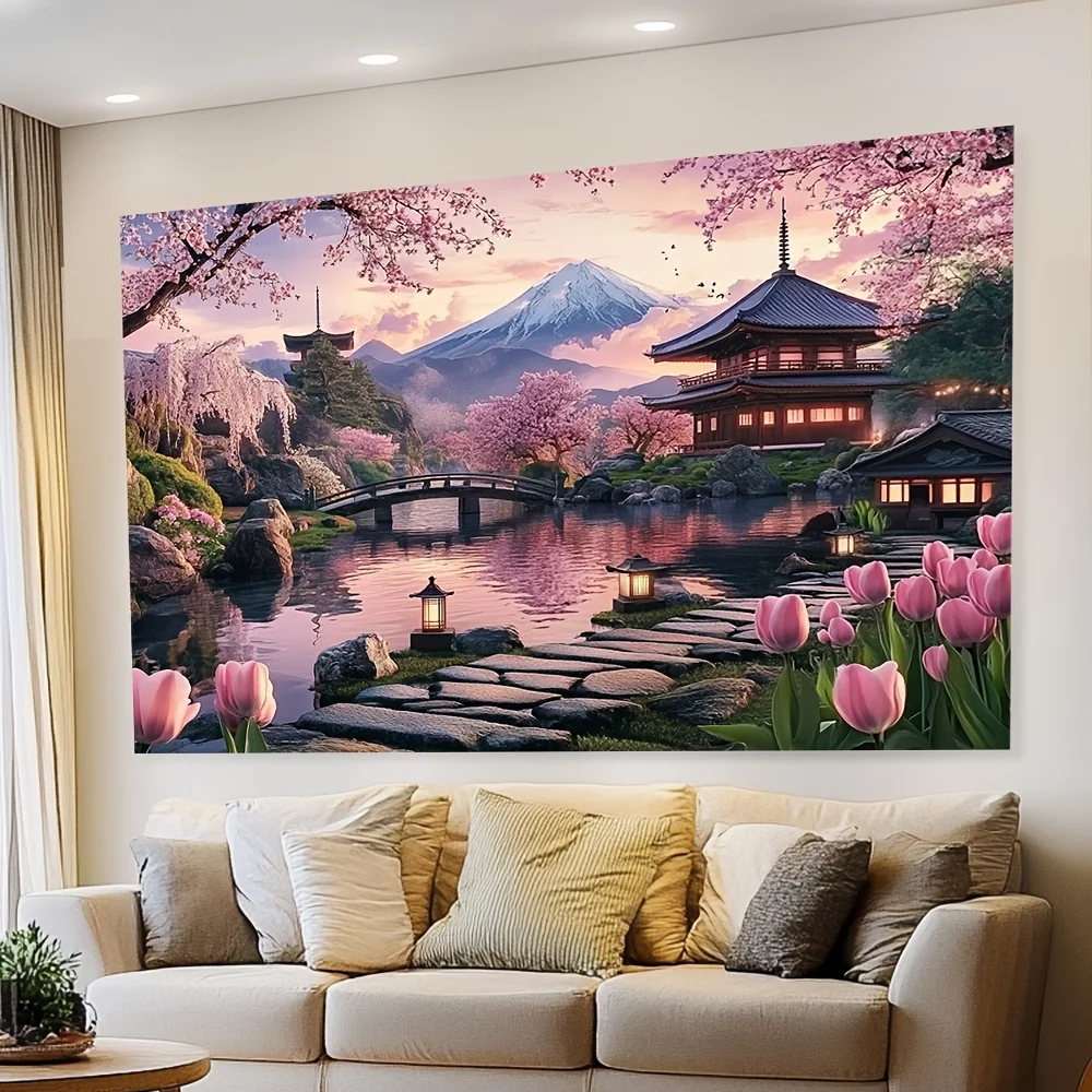Cherry Blossom Temple Tapestry - Perfect for Home Décor, Adding a Touch of Nature and Tranquility to Your Living Space