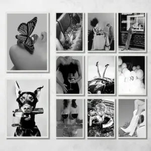 Canvas Painting Posters and Prints Wall Art Black and White Women Drink Fashion Poster Photography Fashion Print Bar Cart Salon