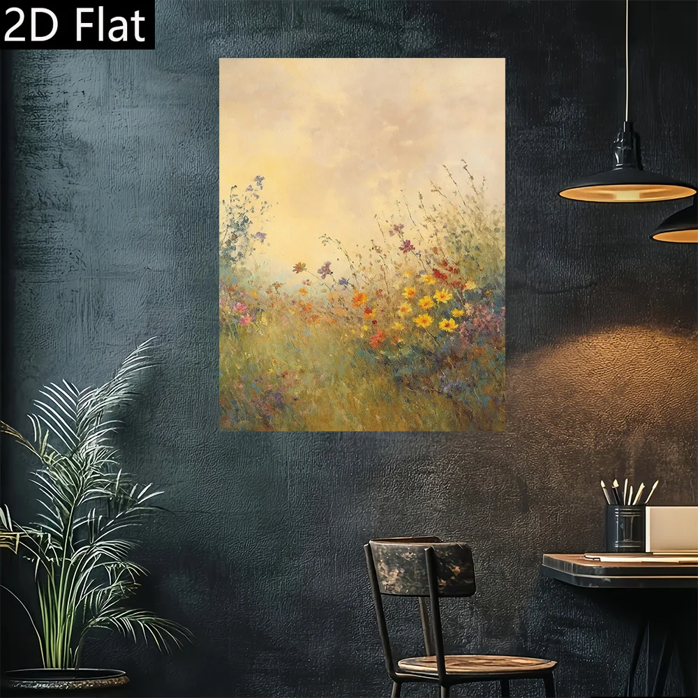2D Flat, 1pc Wildflower Field Sunset Landscape Art Print - Frameless Vertical Canvas Wall Painting, Modern Retro Beige & Golden - Image 5
