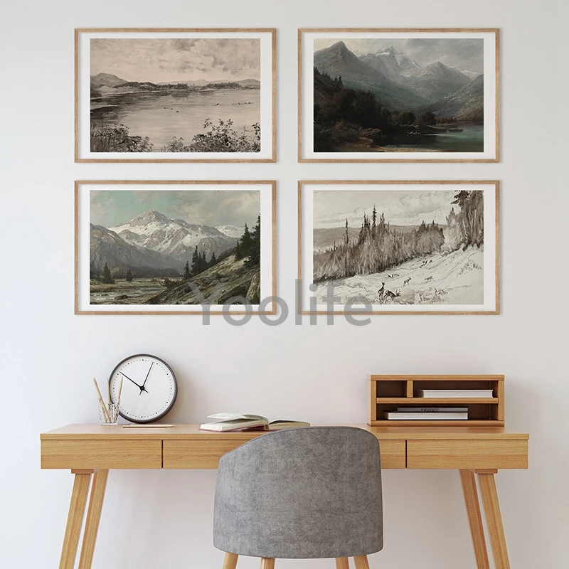 Mountain Forest Landscape Neutral Art Print Antique Lake Scenery Painting Canvas Poster Coastal Wall Pictures Rustic Decoration - Image 3
