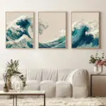 3pcs Frameless Japanese Quiet Wave Triptych Abstract Coastal Landscape Poster Decor,Blue Nautical Decor,Zen Beach Home Printing