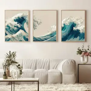 3pcs Frameless Japanese Quiet Wave Triptych Abstract Coastal Landscape Poster Decor,Blue Nautical Decor,Zen Beach Home Printing