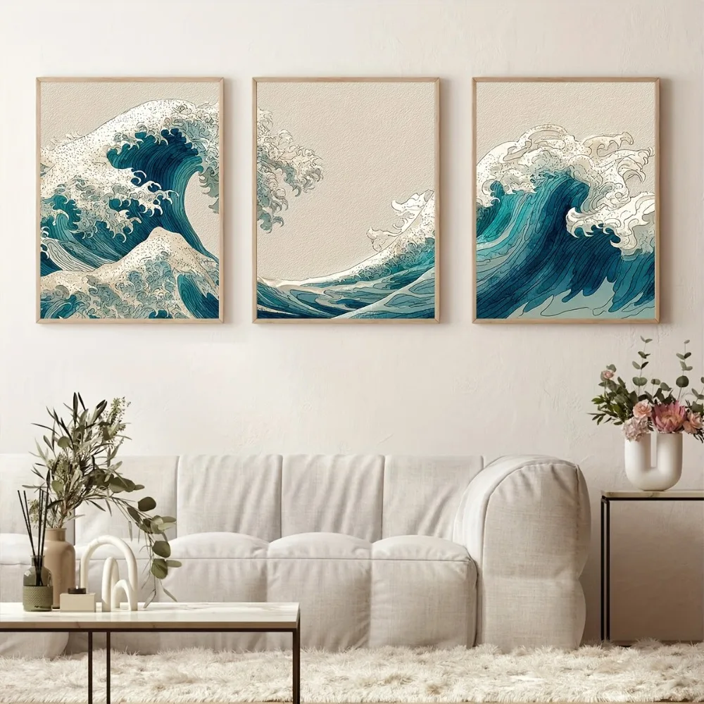 3pcs Frameless Japanese Quiet Wave Triptych Abstract Coastal Landscape Poster Decor,Blue Nautical Decor,Zen Beach Home Printing