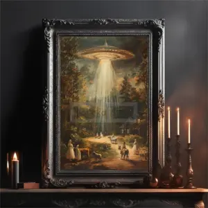 Retro Futurism UFO Oil Painting Canvas Print | European Vintage Sci-Fi Wall Art Decor | Darkness Style Poster