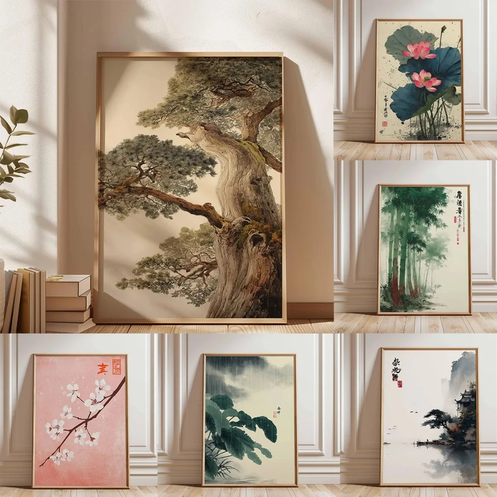 1pc Frameless Ancient Pine Tree Wall Art,Japanese Nature Poster Printing,Zen Plant Decor,Oriental Tree Painting,Calm Forest Art