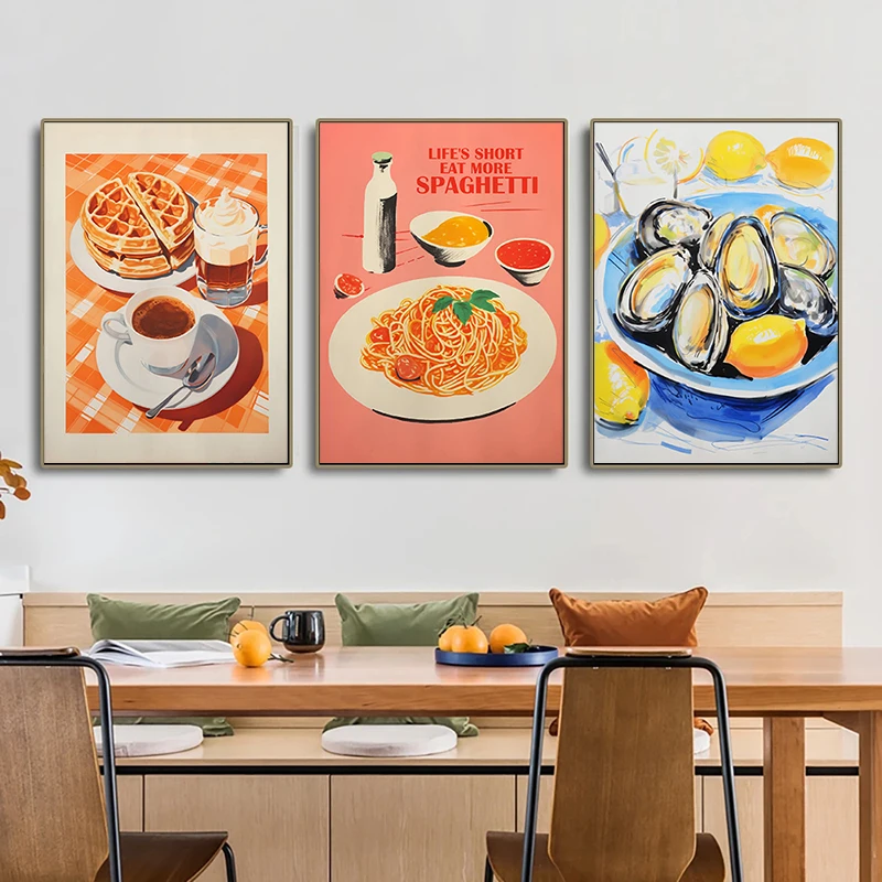 Vintage Food Poster Eggs Bacon Spaghetti Pancakes Seafood Cheese Canvas Painting Wall Art Picture Kitchen Restaurant Home Decor - Image 2