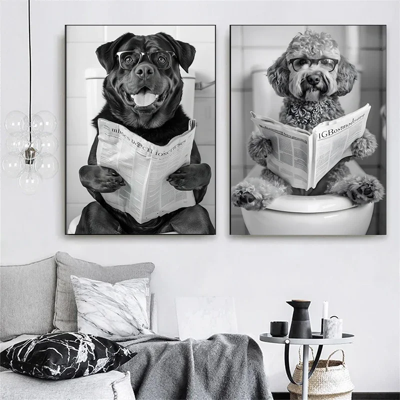 Black and White French Bulldog Sitting on Toilet Poster Corgi in Bathtub Canvas Painting Wall Art Print Picture Bathroom Decor - Image 2