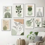 Boho Sage Green Plants Posters  Abstract Artwork Geometric Wall Art Canvas Painting Nordic Art Poster Living Room Home Decor