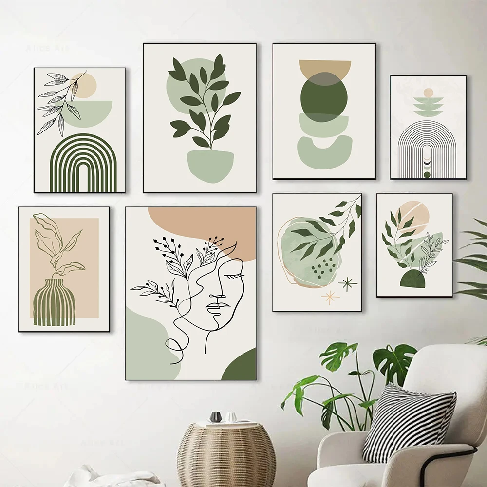 Boho Sage Green Plants Posters Abstract Artwork Geometric Wall Art Canvas Painting Nordic Art Poster Living Room Home Decor