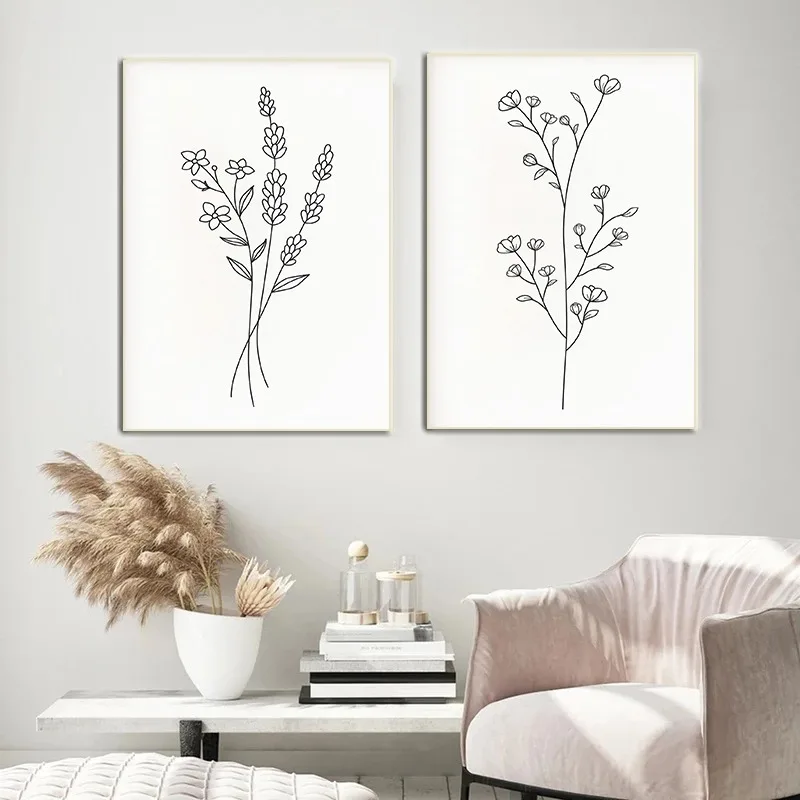 Minimalist Line Art Flower Bouquet Botanical Poster Black and White Wildflower Canvas Painting Wall Art Living Room Home Decor - Image 2
