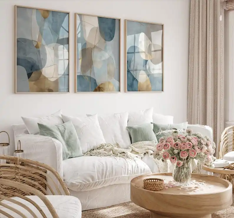 3pcs/set Abstract Blue-gray Gold Geometric Canvas Prints Neutral Earthy Pink Green Wall Art Posters for Living Room Home Decor - Image 2