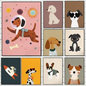Cute Animal Nordic Art Colorful Cartoon Dog Illustrations Poster Canvas Paintings Wall Art Pictures Kindergarten Home Decor