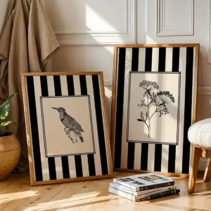 2pcs Noframed Black Bird & Floral Wall Art Set - Minimalist Nature Line Drawing Prints Canvas Posters for Office & Bedroom Decor