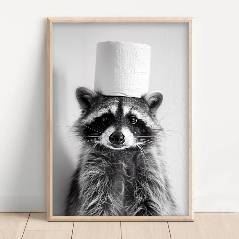 Black White Funny Bathroom Poster Animals with A Toilet Paper Roll on Head Canvas Painting Print Wall Art Picture for Home Decor - Image 3