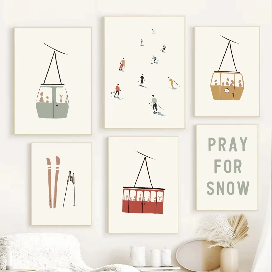 Winter skiing sports cable car aesthetic poster Nordic minimalist winter snow scenery figure canvas painting art home room decor - Image 4