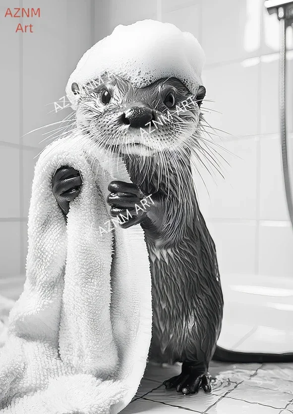 Funny Otter & Raccoon Bathroom Canvas Poster Cat Drinking Animals Black & White Wall Art Mural for Modern Living Room - Image 5