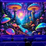 Mushroom Forest Blacklight Tapestry UV Reactive Glowing Plant Landscape Black Light Tapestrys Aesthetic Wall Art Neon Backdrops