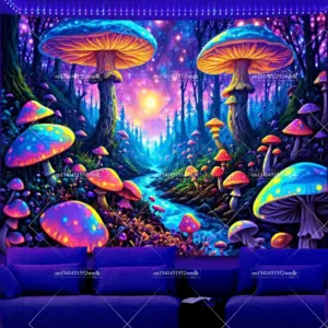 Mushroom Forest Blacklight Tapestry UV Reactive Glowing Plant Landscape Black Light Tapestrys Aesthetic Wall Art Neon Backdrops