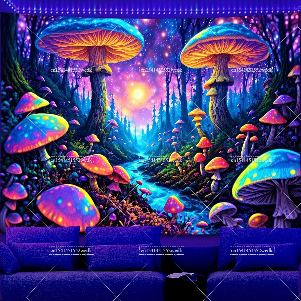 Mushroom Forest Blacklight Tapestry UV Reactive Glowing Plant Landscape Black Light Tapestrys Aesthetic Wall Art Neon Backdrops