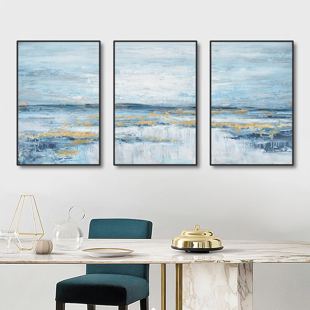 3 Panels Nordic Abstract Ocean Canvas Painting Coastal Theme Artwork Blue Gold Sunset & Sunrise Wall Art Posters for Living Room - Image 3