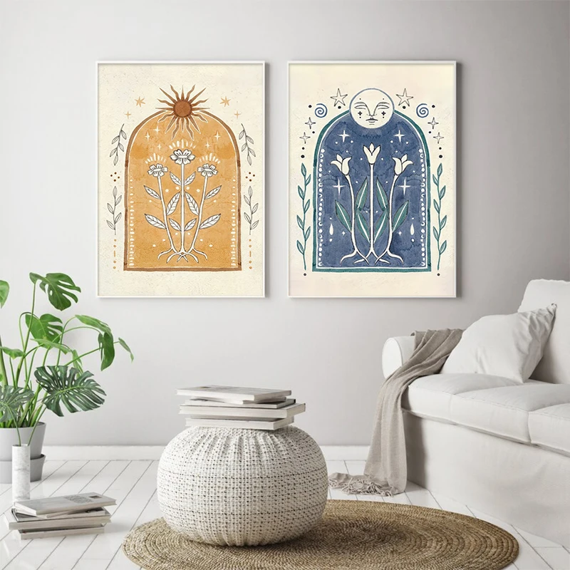 Moon Sun Poster Fine Art Print Bohemian Home Gallery Wall Rustic Hanging Floral Yellow Hippie Decor Handmade - Image 4