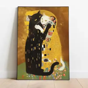 Cat Kitty Klimt Kiss Canvas Poster Vintage Creative Parody Style Print Wall Art Pictures Painting Living Room Home Decoration