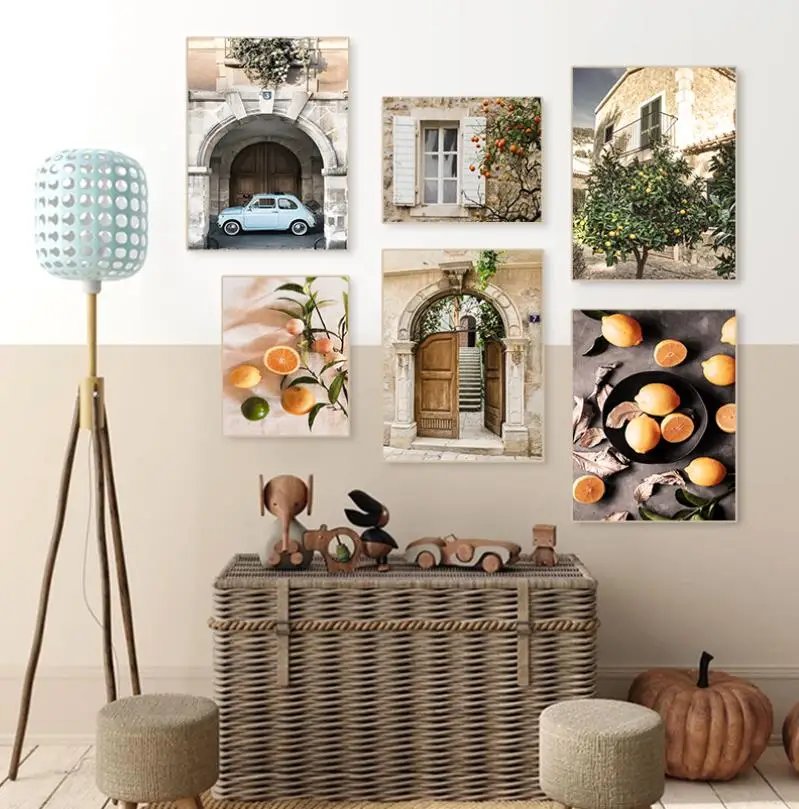 Nordic Europe Town Casual Landscape Canvas Picture House Beach Courtyard Sunlight Car Poster Lemon Bohemian Living Room Painting - Image 3
