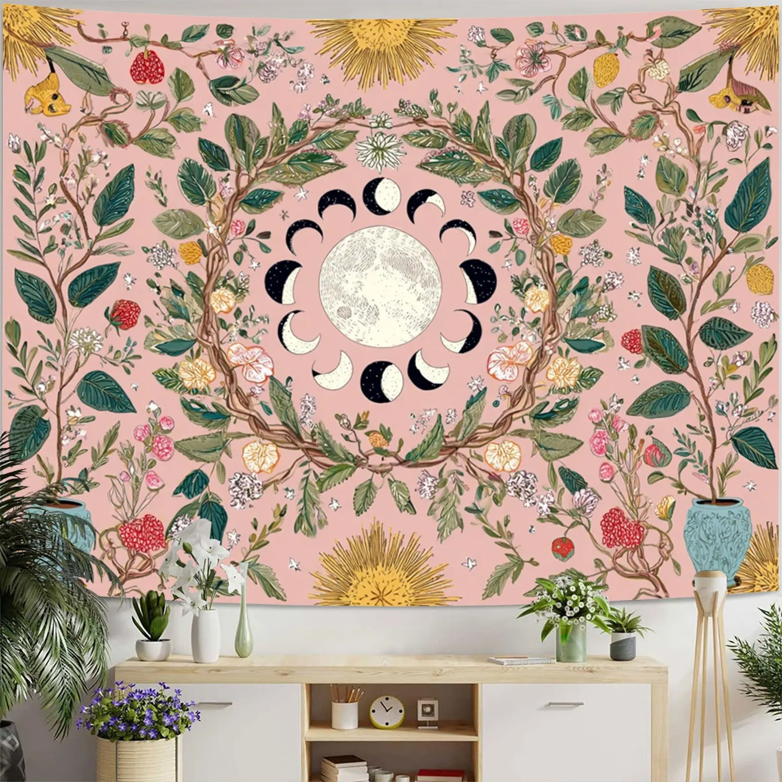 A Vintage Bohemian Tapestry Featuring The Sun And Moon, Adorned with Floral Vines And Lunar Phases, Made of Polyester Material, - Image 4
