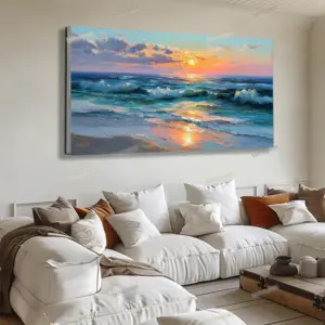 Thick Textured Sunset Abstract Oil Painting, Waves, Coastal Wall Decoration, Large Canvas Mural, Modern Living Room Decor