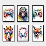 Earphone Animals Gaming Wall Posters and Prints Gamepad Illustrator Pictures for Game Room Art Canvas Paintings for Home Decor