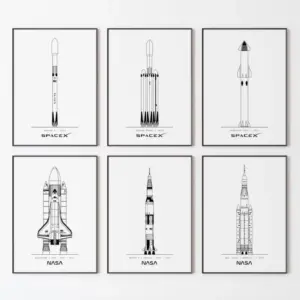 NASA and SpacX Poster Minimalist Space Rocket Blueprints Canvas Painting Modern Wall Art Picture for Living Room Home Decor