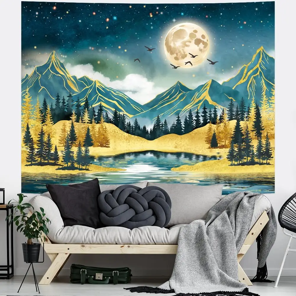 Watercolor Mountain Tapestry Starry Moon Night Tapestries Forest Trees Wall Tapestry Aesthetic Nature Landscape Wall Hanging - Image 3