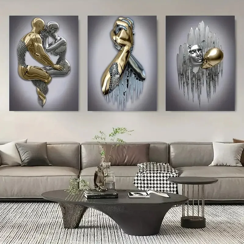 3pcs Canvas Poster Metal Figure Statue Art Canvas Painting Decor Romantic Abstract Poster Modern Art Living Room Bedroom Decor - Image 6