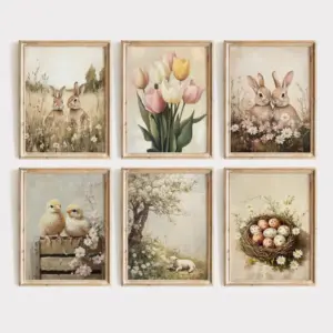 Spring Easter Bunny Lamb Chichen Eggs Floral Landscape Vintage Poster Canvas Painting Wall Art Pictures Home Farmhouse Decor