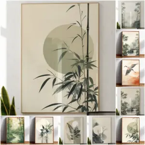 Minimalist Japanese Bamboo Forest Crane Nature Print: Zen Stream, Japandi Wall Art Minimal Botanical Print in Neutral Tones