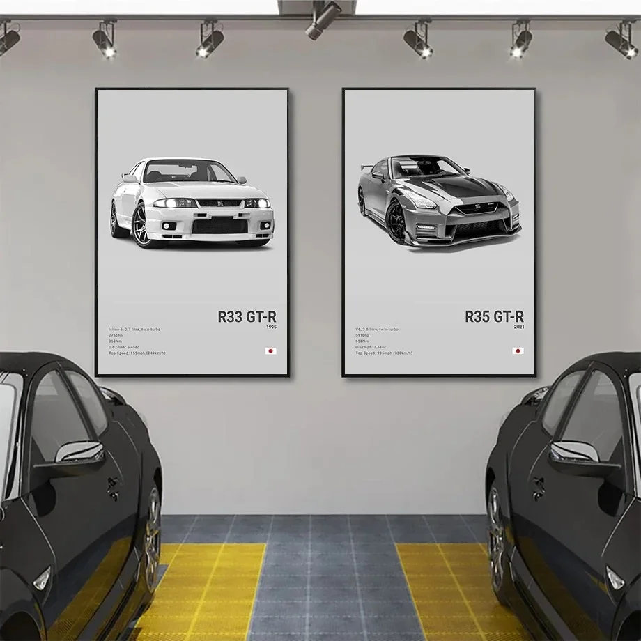 Popular Black and White Japanese Luxury Supercar Poster Aesthetics R34 Gtr 240sx Canvas Painting Print Garage Decoratio Wall Art - Image 5