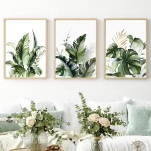 Classic Simple Wall Art Tropical Plants Green Leaves Gold Flowers HD Canvas Print Poster Home Living Room Bedroom Decoration