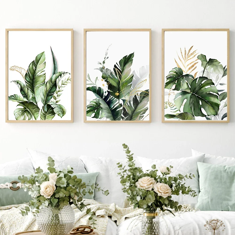 Classic Simple Wall Art Tropical Plants Green Leaves Gold Flowers HD Canvas Print Poster Home Living Room Bedroom Decoration