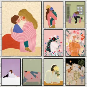 Abstract Mother Hold Her Son Illustration Canvas Print Mother's Day Feminist Wall Art Poster for Modern Nursery Home Decor Gifts